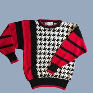 Vintage 80’s Houndstooth Red Black and White Sweater